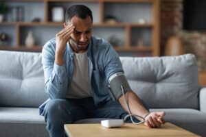 man at home testing blood pressure